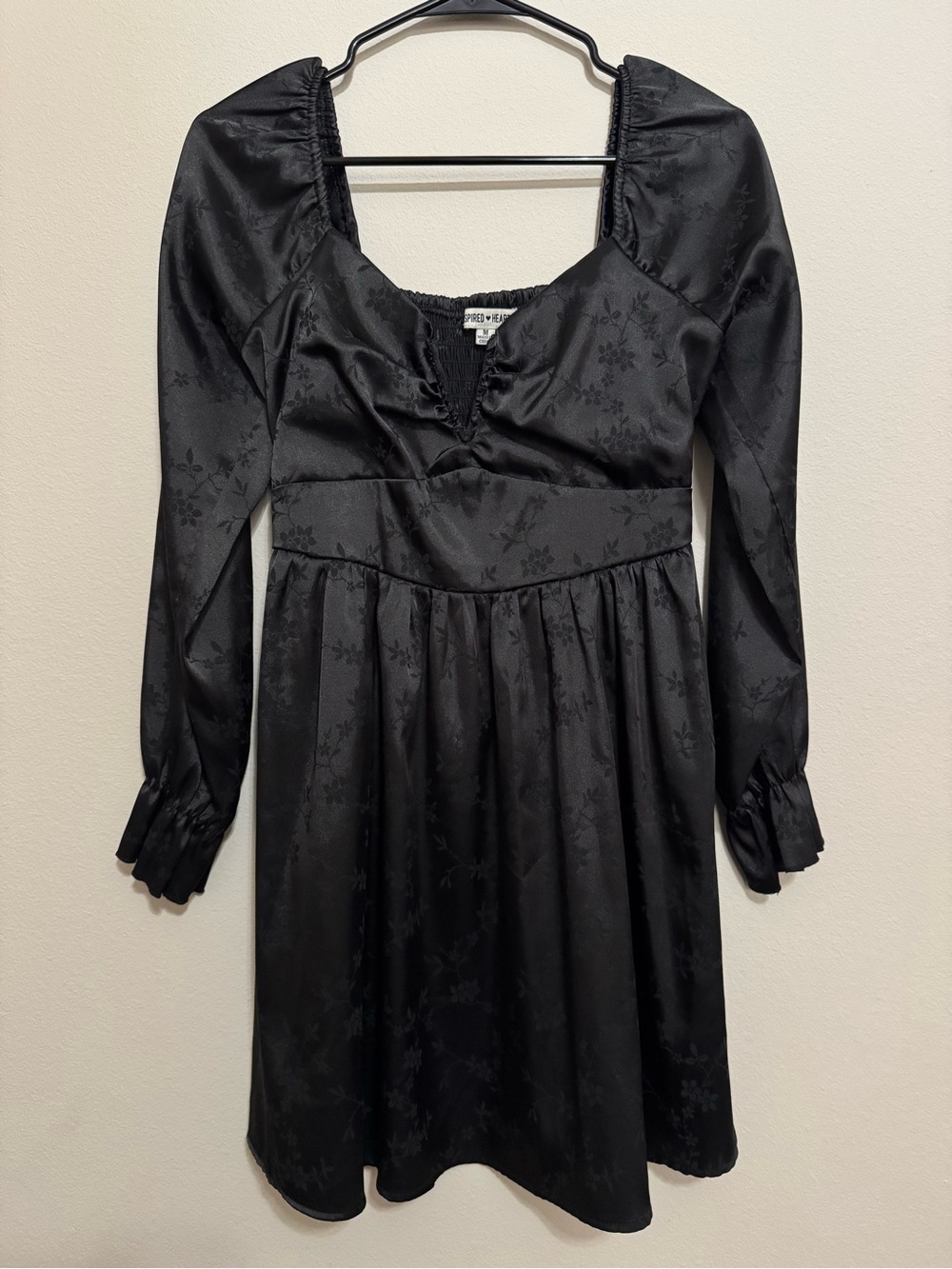 Black Satin Floral Square Neck Fit-and-Flare Dress